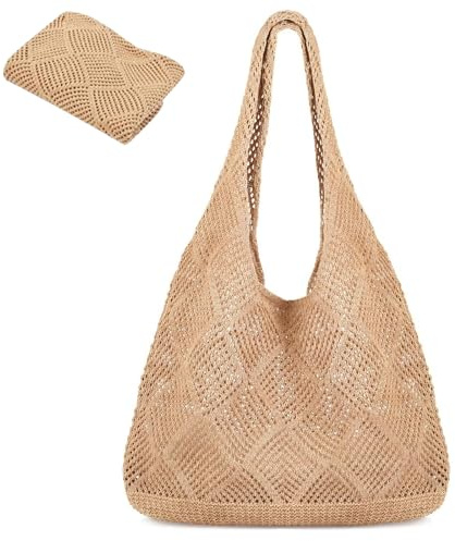XULIDEONG Sac Plage Femme Crochet, Sac de Plage, Sac à Bandoulière Tricot, Sac Fourre Tout en Maille, Beach Bag, Grande Capacité, pour Plage, Vacances Eté, Voyages et l'utilisation Quotidienne