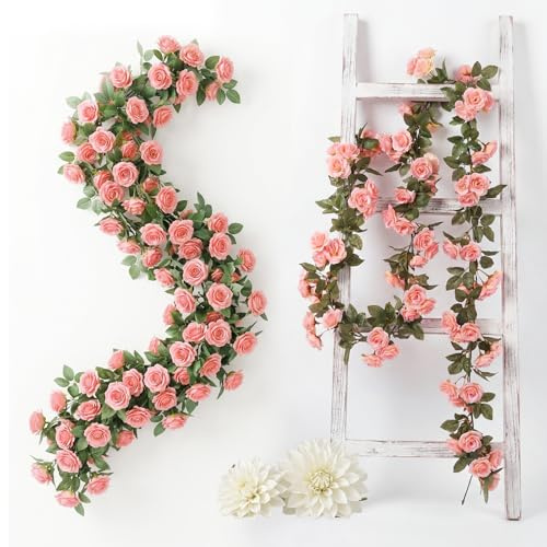 Qivra 2 Pezzi Ghirlanda di Fiori Artificiale Rosa Chiaro, 1,8 Metri Rose Artificiali Realistiche, 138 Rose Ghirlanda Fiori Bianca per Decorazioni Matrimonio Tavolo Feste Giardino