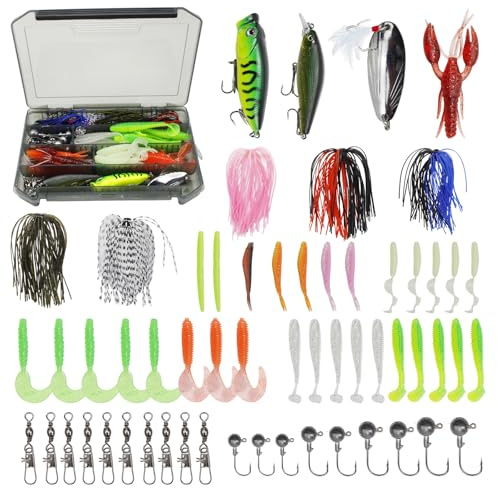 Kit da pesca 58 esche – Set professionale con cucchiaini, spinnerbaits, jig ed esche morbide/duro – Lungo lancio – Accessori per black bass, luccio, trota, sandra