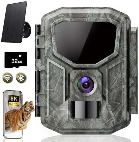 CIXMUS Caméra de chasse solaire 8K avec application illimitée gratuite, batterie 7800 mAh, vision nocturne 850 nm, détection de mouvement 0,1 S, étanche IP66, avec carte mémoire de 32 Go, caméra pour