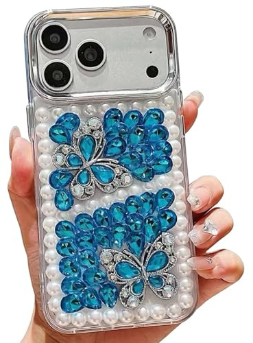 Rnrieyta Bling diamant telefonskydd för iPhone 17, handgjord 3D fjäril pärla blomma lyxig gnistrande kristall strass glänsande glitter hela stenar baksida fodral för kvinnor flickor