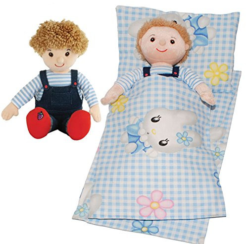 alles-meine.de GmbH 4 TLG. Set: Puppendecke & Kissen - mit Unterlage & Schmusepuppe - Junge mit Latzhose - aus 100% Baumwolle - Stoff - Bettwäsche - für Puppen - Bettzeug - ..