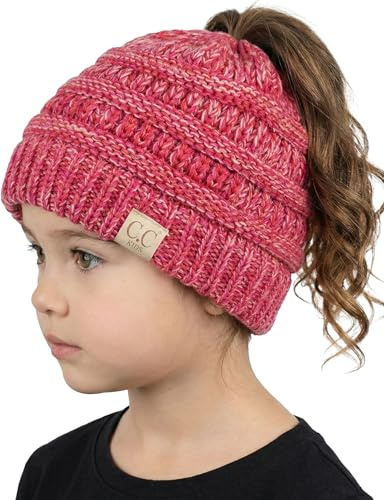 Funky Junque Toddler Girl Ponytail Beanie – Girls Winter Hat, Messy Bun Pony Tail Beanies Ages 2–7, Warm Knit Cap Stretch Fit - 4 Tone Mix - a Hot Pink, Red, Baby Pink, Fuschia
