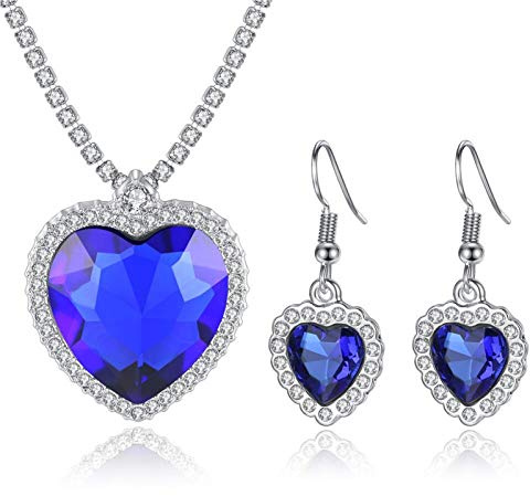 HMOOY Titanic Cuore dell'Oceano Gioielli Set di Gioielli, Collana Pendente Zaffiro Blu Cuore Cristallo Orecchini Rubino Gioielli per Donna Ragazza, Metallo Zirconia Cubic