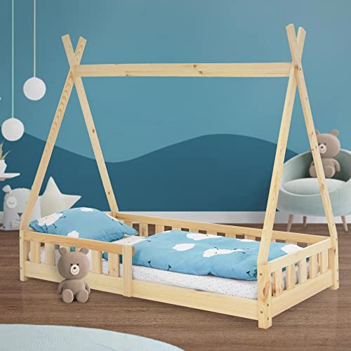 ML-Design Cama Infantil Tipi 80x160 cm con Protección Anticaída y Somier Estructura Listones de Madera de Pino Maciza Natural Lecho de Suelo Forma de Tienda Mobiliario Juego Tienda de Campaña Niños