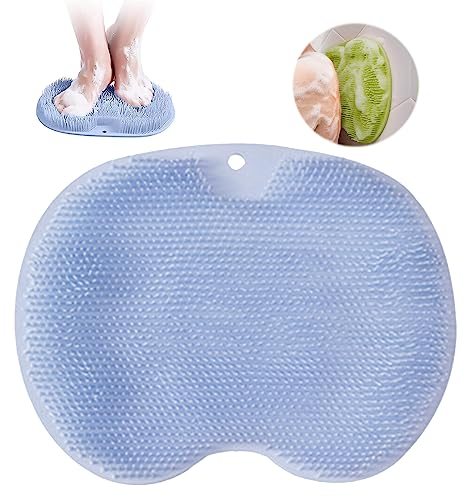 Tapis de Bain en Silicone, Brosse Pieds Douche, Coussin de Massage pour Pieds, Nettoyeur de Dos avec Ventouse, Foot Scrubber, Dos Nettoie, Nettoie, Exfolie, Masse vos Pieds Sans se Pencher(Bleu)