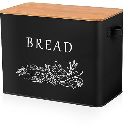 Homikit Brotkasten, Großer Metall Brotbox mit Deckel, Schwarz Brotbehälter für Brot Lange Aufbewahren mit Holzdeckel & Schneidebrett, Brotaufbewahrungsbox & Frisch Halten, 33.3x18.3x24.6cm
