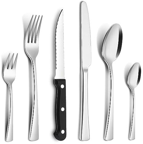 Bestdin Set di posate per 6 persone, 36 pezzi, in acciaio inox, con coltello da bistecca, posate con coltello/forchetta/cucchiaio, posate per casa/feste/ristorante, lavabile in lavastoviglie
