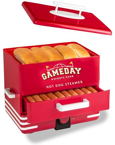 Nostalgia Game Day Hot Dog Streamer and Bun Wamer, Fits 20 Dogs and 8 Buns, Steams Pot Stickers, Veggies, Potatos, and Other Appetizers or Toppings