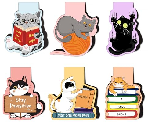 6pcs Magnetic Bookmarks Cats Magnet Page Markers Cartoon Cat Bookmark Assorted Cute Book Markers Page Clips Set for Students Teacher School Reading Home Office Supplies