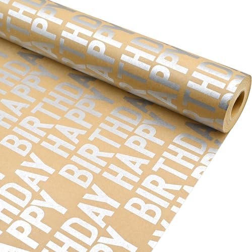 Silver Happy Birthday Wrapping Paper Roll, 43cm×12m Silver Metallic Foil Kraft Gift Wrap for Men Women Adults Kids