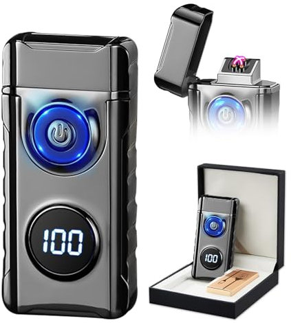 SKRFIRE Accendino elettrico ricaricabile al plasma per candele, torcia elettronica ad arco di tipo C, antivento, portatile, in metallo, con display a LED per campeggio, escursionismo, barbecue (nero)