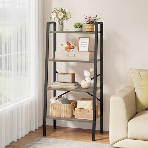 Hoctieon 4-stöckiges Industrieleiter Bücherregal, schmales Leiterregal Regal, wandregal schmales offenes Leiterregal für Wohnzimmer, Home Office, Küche, Schlafzimmer,Greige, 17x12x53