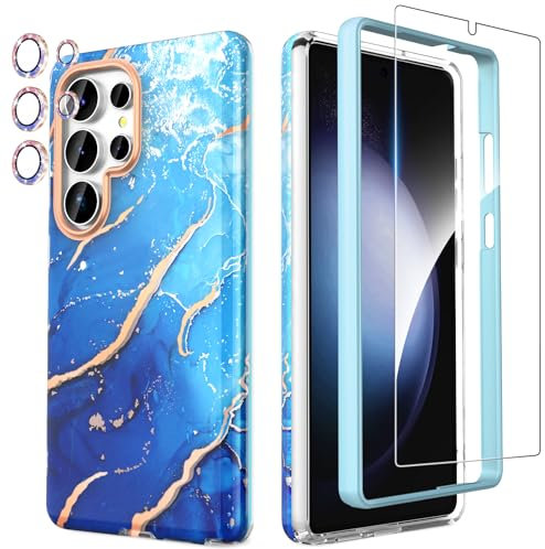 SHEDEER 4-in-1 Samsung Galaxy S25 Ultra Case with Screen Protector + Bumper & Camera Protector | Military-Grade Shockproof 360° Protection, Glossy Fade-Resistant Pattern Design Phone Cases (Blue)