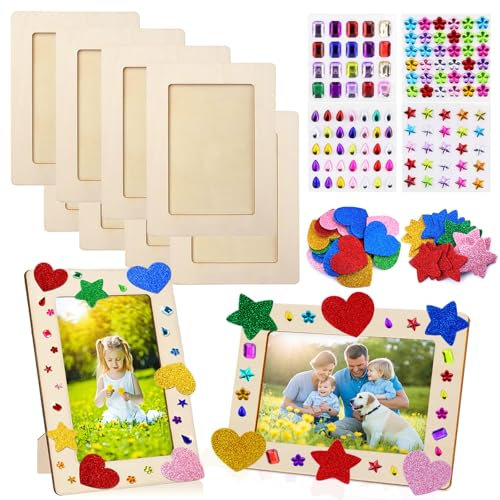 TLDNZXY Set di 8 cornici in legno da dipingere, set di cornici per foto, cornici in legno, per dipingere, fai da te, per bambini, con pietre glitterate e adesivi per compleanni
