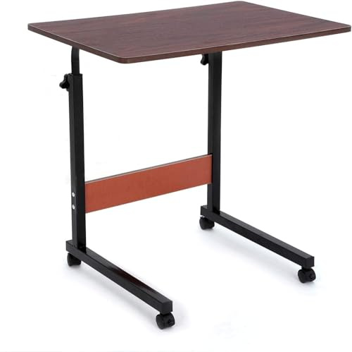 CROWNSHOP Height Adjustable Mobile Table 40x60(70-80) cm Side Table Workstation Laptop Overbed Multi Table with Metal Frame Rolling Castors - Dark Wood Color