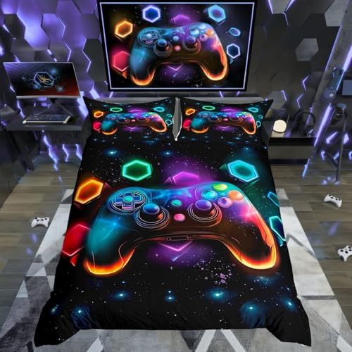 Homewish Gaming Single Bedding Sets 2 Pieces, Reversible Colorful Gamer Gamepad Kids Duvet Cover Set for Boys Girls Teens, Neon Rainbow Honeycomb Print Quilt Cover, Galaxy Bed Set, Microfibre