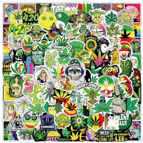100pcs Funny Weed Stickers, Trippy Weed Stickers, Waterproof Vinyl Green Leaves Decals for Scrapbook Laptop Water Bottle Skateboard, Teen and Adults