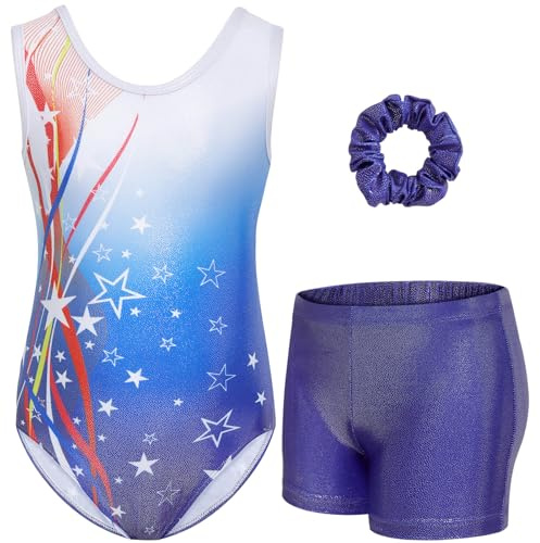 Gogokids, body da ginnastica per ragazze con strass e cristalli, con pantaloncini e fascia per capelli, abbigliamento sportivo per 3–12 anni, Blu e bianco., 5-6 Anni