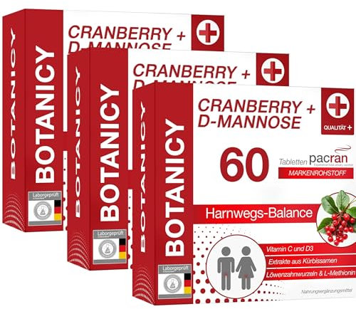 BOTANICY Cranberry + D-Mannose - 180 Tabletten - Unterstützt Blase & Harnwege - PACRAN® Cranberry-Pulver, Vitamin C und D3, Kürbissamen & Löwenzahnwurzel Extrakt