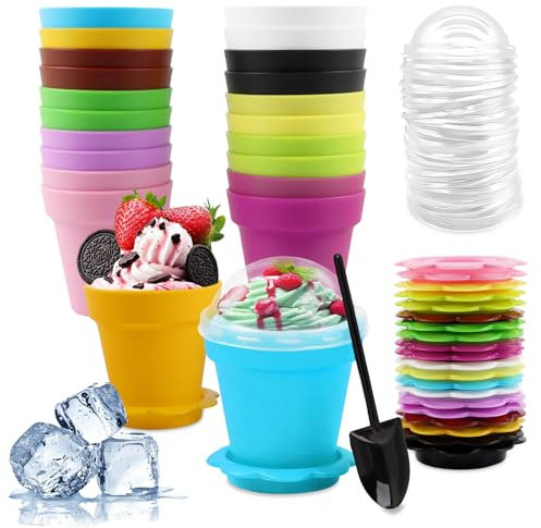 Shyllin Copa de Helado de 22 Piezas con Tapa Tipo Cuchara,11 Colores, 180 ml,Libre de BPA,Tazas de Helado Reutilizables,Vasos de Postre,Para Helados, Postres, Snacks y Comida para Fiestas