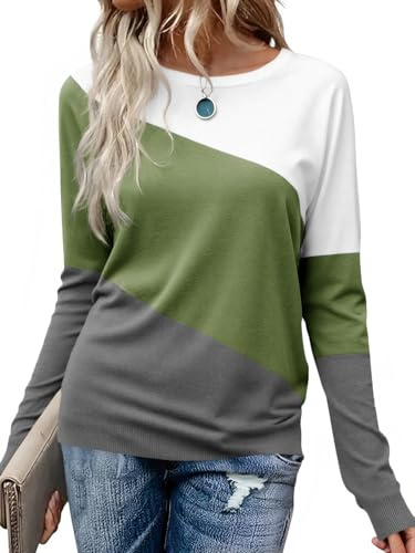 Cicy Bell dam färgblock långärmad toppar rund hals långärmad tröja casual lösa toppar t-shirt blus tunika
