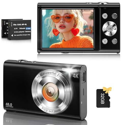 Cámara digital, cámara de vlogging 4K para cámaras de enfoque automático de YouTube para fotografía con zoom digital de 16X, cámara digital compacta de 48 MP para adolescentes y adultos con tarjeta SD
