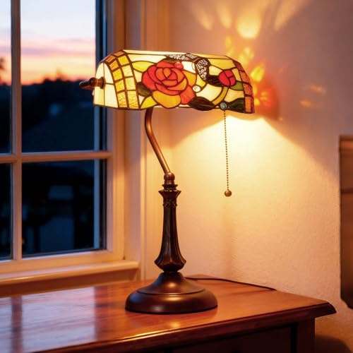 HOMCOM Tiffany-Style Glass Table Lamp with Rose and Butterfly Design, Handcrafted Antique Bedside Lamp with Dual Switch Control for Living Room and Bedroom, E27 Socket, No Assembly Required, Red