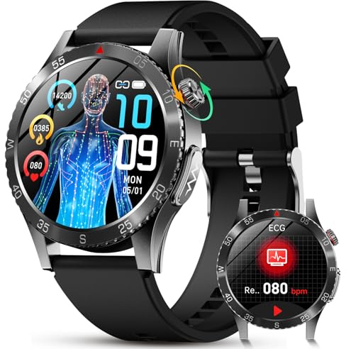 YUPENG Smartwatch Uomo con ECG+HRV/Acido Urico, 1.45 AMOLED Rotondo 𝐆li𝐜𝐞𝐦𝐢a Orologio Fitness con Pressione Sanguigna/Cardiofrequenzimetro/Analisi Sonno 24H, SOS/IP68 per Android iOS