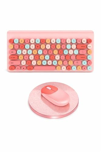 Set de Teclado y Raton inalámbrico Maquina de Escribir, 2.4 GHz, Teclas Redondas Estilo Retro. Rosa Pastel con numerosos Colores. Teclado Mini y Raton inalámbrico.Ver CARACTERISTICAS Especiales.