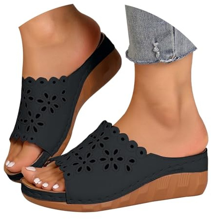 Tofflor dam läder sommar, tofflor dam sandaler med kilklack kilsandaler urholkning ventilerande tofflor fiskmun tofflor vintage sommarskor bekväma fritidsskor mjuka sovskor