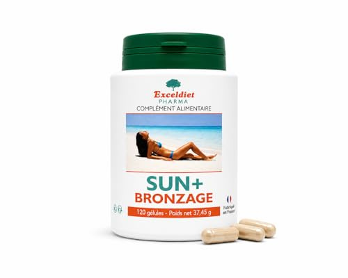 Solbränna kapsel | Bixa, Morot, Gurkört, Haematococcus, Betakaroten, Vitamin C, E, A | Sun + 120 kapslar - Hakad hy, Närd hud | Förbereder, aktiv och förläng garvning | Tillverkad i Frankrike