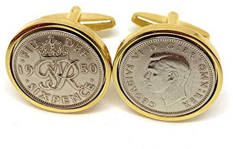 Premium 1950 original Lucky Sixpence 6d födelsedag/årsdag manschettknappar perfekt för en 71-årsdag HT GLD, Silverpläterad, annan typ av lås