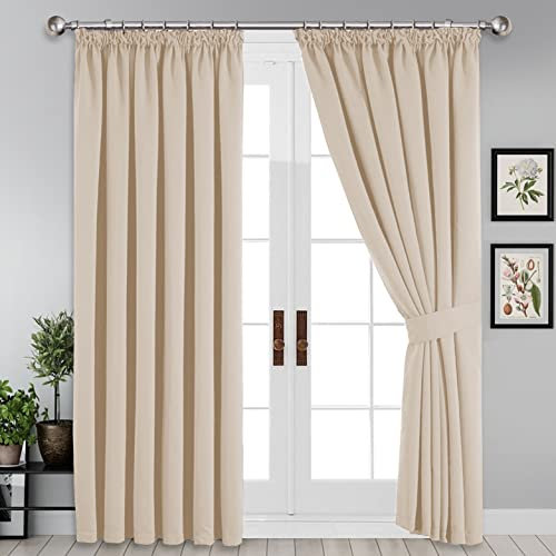 Yorkshire Bedding Thermal Blackout Curtain 66 x 54 Pencil Pleat Noise Reducing Tape Top Insulated, Sunlight Blocker, Dark and Plain Cream Curtains with 2 Tie Backs (167 x 137 cm)