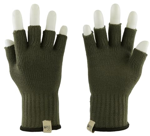 Merino Wool Fingerless Gloves - Hunting and Fishing Liner - Half Finger Warm Knitted Gloves - Olive Drab X-Large