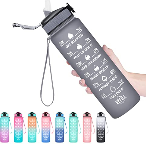 HYETA 32 OZ Water Bottle with Times to Drink and Straw, Motivational Time Marker Water Bottles with Strap, Leakproof & BPA Free, Gym & Outdoors, Grey Matte