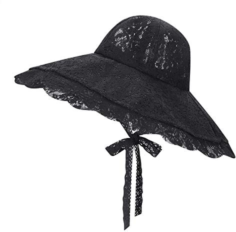 Kvinnor stort brett brätte spets fiskarhatt damer elegant fiskarhatt strandhatt floppy fiskarhattar med rem sommar vikbar solskydd hatt för kvinnor flickor semester resor fest (svart, vit), Svart, en storlek