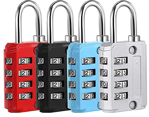 4 Stück Vorhängeschloss Zahlenschloss Klein, 4 Stellig Kofferschloss Schloss mit Zahlencode Gepäckschloss Spindschloss für Rucksack Fitnessstudio Schule (Silber, Schwarz, Blau, Rot)