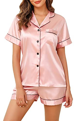 Lovasy Pyjama Satin Femme Short Ensemble Pijamas à Manches Courtes Chemises de Nuit Sexy Chic Été 2 Pièces Vêtements de Nuit en Soie Boutonnée,Rose M