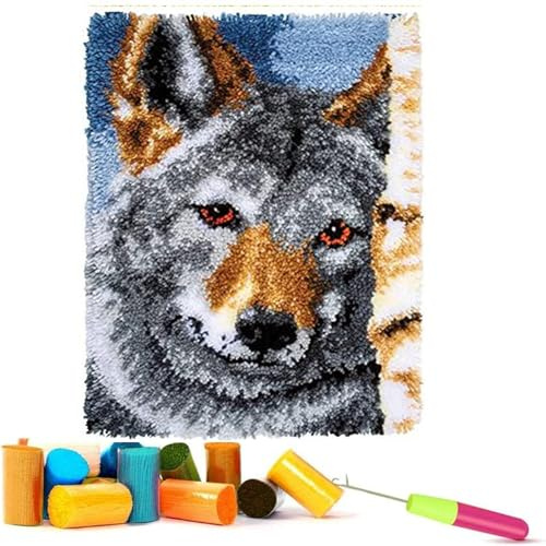 EMISTEM Latch Hook Kits for Adults - DIY Latch Hook Rug Kits, Crochet Kit for Beginners, Rug Making Kits with Printed Canvas, Gift Packaging. (Grey Wolf,15x21)