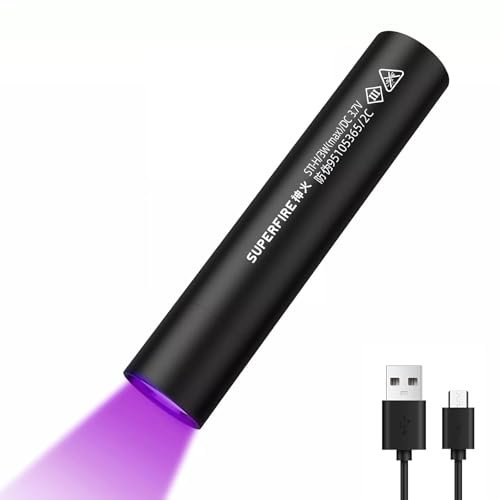 SuperFire 365nm UV-Taschenlampe Professionell mit Filter - Zur Erkennung von Haustierurin, Prüfung von Schmuck & Dokumenten, Hochpures UV A Licht, Wiederaufladbar