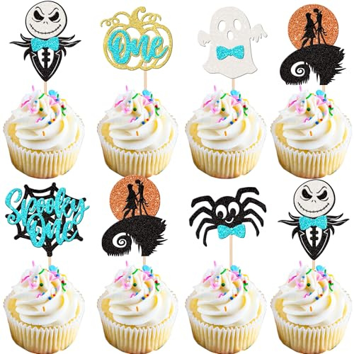 24 PCS Halloween Cupcake Toppers Blue Glitter Jack and Sally Ghost Spider Pumpkin Spooky One 1st Birthday Cupcake Picks for Nightmare Before Christmas Baby Shower Birthday Party Cake Decorations