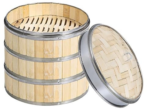 Vaporera Bambu,Vaporera Cocinar Vapor,Cesta De Vapor De Bambú Para Cocina,2 Niveles / 3 Niveles Olla Vapor De Bambú Con Bandas De Acero Inoxidable,Cocina De Arroz Natural Chino Con Tapa