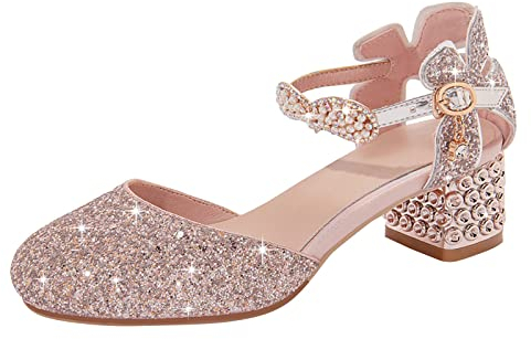 koperras Mädchen Sandalen 4,5 cm Low Heel Kleid Close Toe Sandalen Blumen Hochzeit Party für kleines Kind/großes Kind Kinder 32 (Pink, 34 Big Kids)