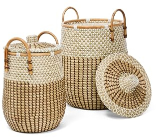 2 Stück Multifunktional Wäschekorb aus Seegras Korb zur Aufbewahrung mit Deckel und Griff,Innere Beutel,Hergestellt in Vietnam Extra Großer L/S Runder Dekorativer