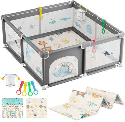 JUPPLIES Parque Infantil Bebe 120x120cm + Alfombra Bebe + Agarraderas + Canasta – Corralito Bebe con Malla Transpirable – Parque de Juegos Bebe Plegable con Puerta Lateral – Playpen Bebe - Gris