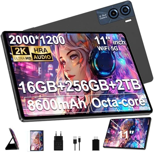 GOODTEL Android Octa-Core Processeur 11 Pouces Tablette, 16 Go de RAM + 256 Go de ROM (1 To TF) | 5G + 2.4G WiFi | 8600mAh | 13MP + 5MP, Bluetooth 5.0 avec étui de protection, boîtier en métal - Gris