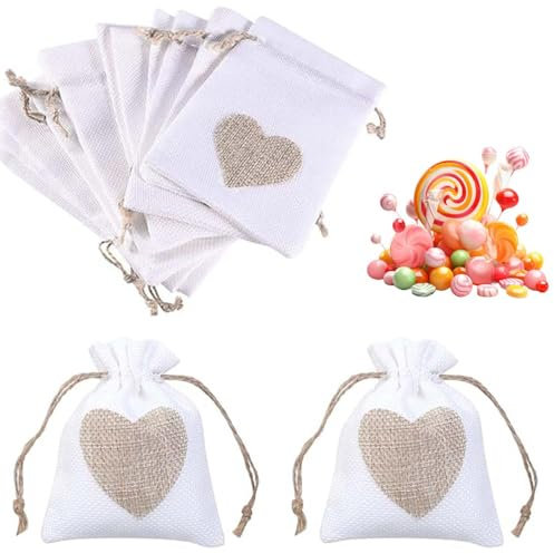 XURJUMI 10 Stück jutesäckchen Herz Kleine Säckchen 10x8cm Jute Geschenktüten mit Herz Geschenkanhänger kleine säckchen zum Befüllen Jutebeutel Leinensäckchen für Hochzeit Party Geschenke Süßigkeiten