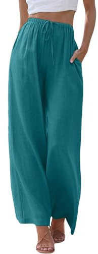 Pantalon d'été long et léger en lin pour femme - Coupe ample - Décontracté - Pantalon en tissu - Jambes larges - Avec poches - Pantalon d'été pour femme - Léger - En coton et lin - Couleur unie -