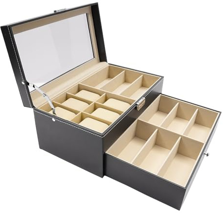 SailorMoon Scatola per occhiali, organizer per orologi, con occhiali, per cassetti e custodia in pelle PU, per occhiali da sole, anelli da sole, 33,5 x 19 x 15,5 cm, colore nero